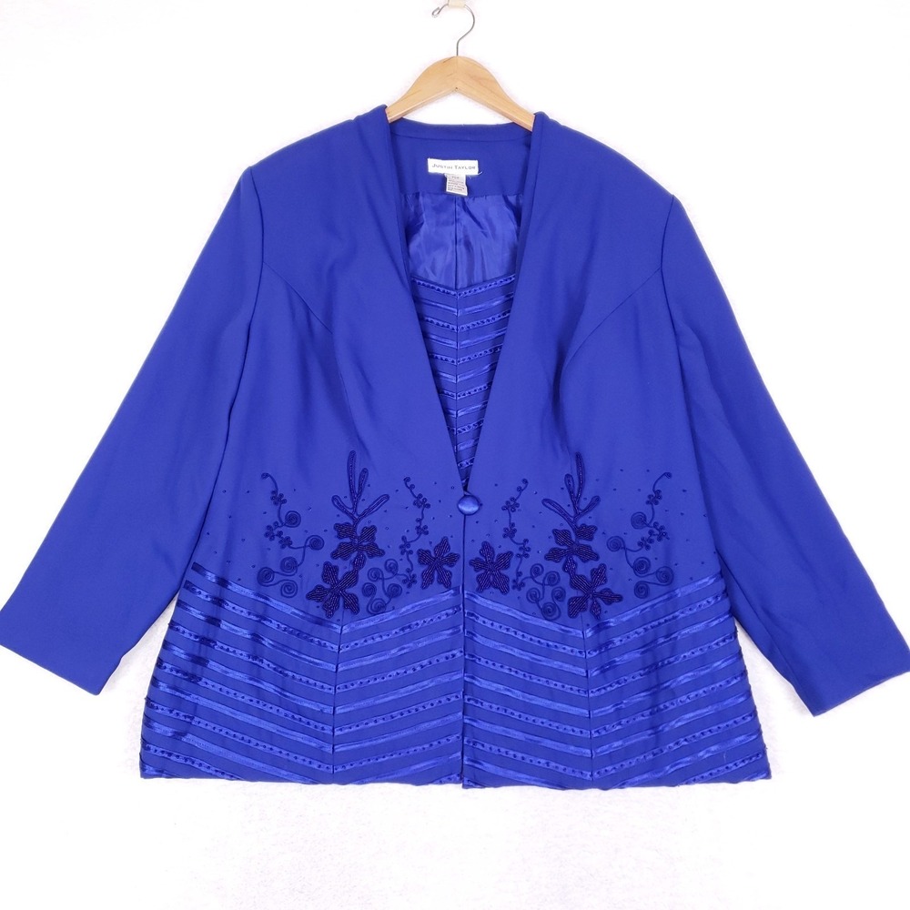 Justin Taylor Blazer 20W‎ Royal Blue Beaded Floral Formal Evening Wedding Guest